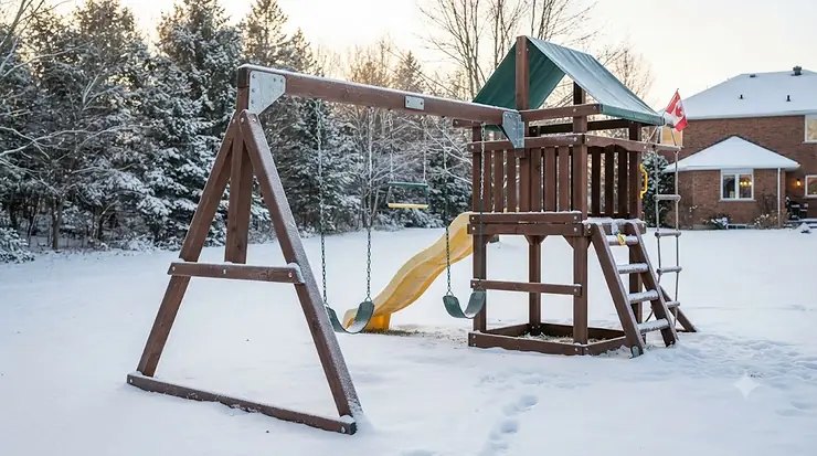 A sturdy backyard swing set standing strong against a light dusting of Canadian winter snow. weather resistant swing set Canadian winter