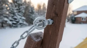 Detailed view of rust-proof hardware components for a swing set, built to withstand freezing temperatures.