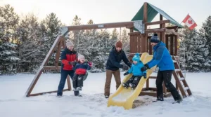 A family playing on a durable outdoor swing set during a bright, sunny winter afternoon in Canada.