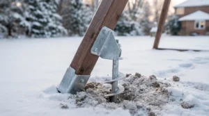 A robust ground-anchoring system securing the swing set to the ground for stability during winter winds.