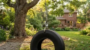 Durable, water-resistant polymer tire swing for backyard use designed to withstand Canadian winter snow and summer heat.