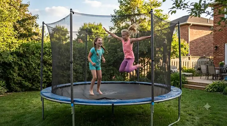 Children laughing while jumping on an affordable backyard trampoline under $200 CAD set up on green grass during a sunny Canadian summer day.