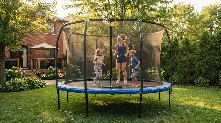 A family enjoying a weather-resistant trampoline with safety net installed in a spacious suburban backyard in Canada.