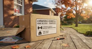 A delivered package containing an easy-to-assemble budget trampoline kit ready for quick setup outside a Canadian home.