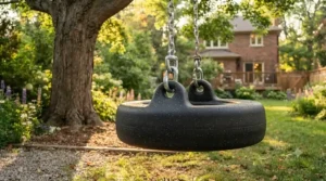 Eco-friendly recycled rubber tire swing for backyard landscaping, preventing clothing stains and water accumulation.