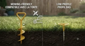 A two-panel, bilingual illustration titled "Mowing-Friendly / Compatible avec la tonte" and "Low Profile / Profil bas," showing how a yellow spiral anchor stake is installed flush with the grass (left, mowing-friendly) and deeply embedded in the soil (right, low profile), with a lawnmower icon and cutaway soil views.