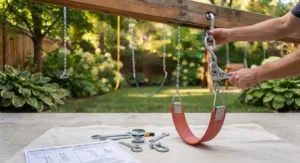 Step-by-step illustration demonstrating how to attach a replacement swing seat to existing backyard playset hardware safely.
