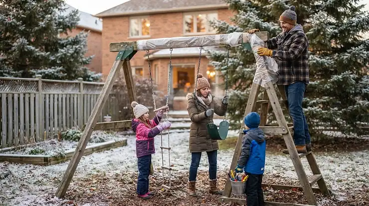 Family preparing a wooden how to winterize a swing set
