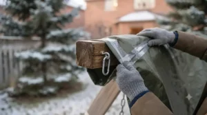 Applying protective waterproof sealant to wooden swing set beams.