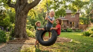 Children laughing while playing together on a heavy-duty multi-user tire swing for backyard fun across Canada.