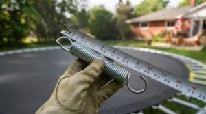 Close-up illustration showing how to measure a steel spring from hook to hook for a compatible replacement trampoline mat and springs kit.