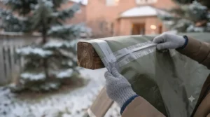 Using a snow shovel to clear heavy snow from a wooden playset area.