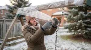 Cleaning debris and leaves from a backyard playset before the first snowfall.