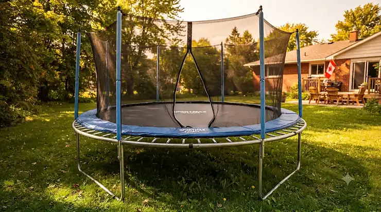 Replacement trampoline mat and springs installed on a round backyard trampoline, built to withstand Canadian weather conditions.