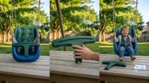Close-up of the secure safety harness on the convertible toddler swing seat.