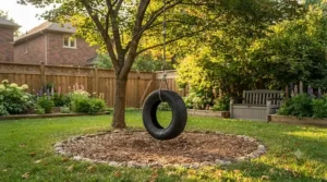 Space-saving layout plan for setting up a safe residential tire swing for backyard lawns with limited space.