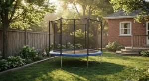 A small round outdoor trampoline under $200 CAD fitted neatly into a modest suburban Canadian backyard garden.