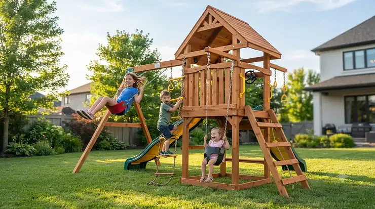 Complete swing set accessories kit installed on a wooden backyard playset, featuring heavy-duty swings and safe climbing grips for Canadian families