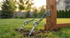 Heavy-duty steel ground anchors securing a swing set accessories kit against strong winds and shifting seasonal ground in Canada.