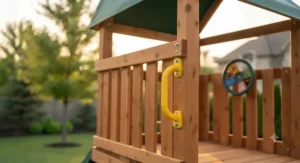 Non-slip plastic safety handles from a swing set accessories kit to ensure secure climbing for kids on outdoor playsets.