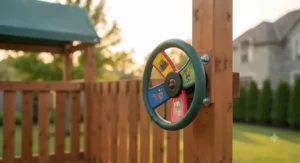 Colorful plastic steering wheel accessory included in a backyard swing set accessories kit for creative outdoor play.