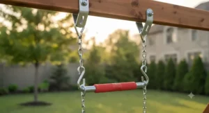 Steel core trapeze bar with gymnastic rings, part of an upgraded backyard swing set accessories kit.