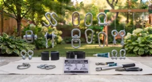 Close-up illustration of snap hooks, shackles, and hangers used for securely mounting swing set replacement seats.