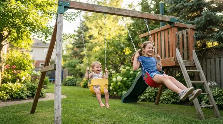 Durable swing set replacement seats installed on a backyard playset in a Canadian suburban yard during summer.