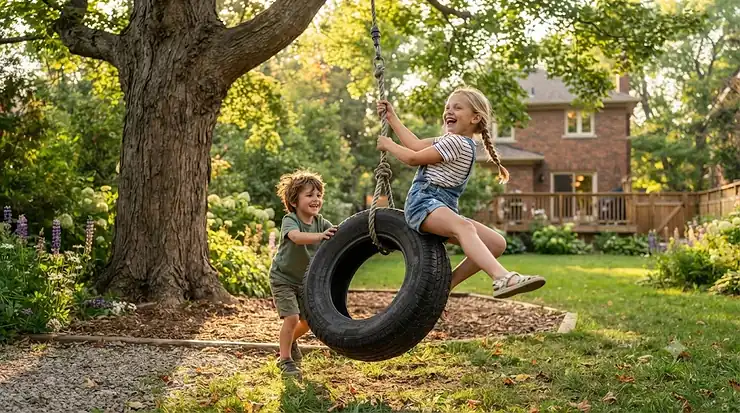 Classic tire swing for backyard setup hanging from a sturdy maple tree in a sunny Canadian suburban yard.