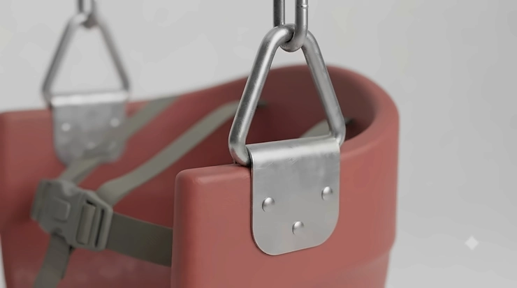 Toddler bucket swing seat installed on a backyard wooden swing set in Canada.