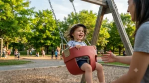 Front view of a red toddler bucket swing seat with a secure harness.
