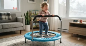 A colorful toddler mini-trampoline with a stable foam handlebar, designed safely for young kids bouncing indoors during long Canadian winters.