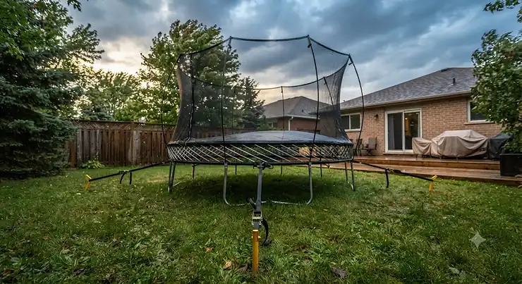 A low-angle, wide shot photograph of a large, round backyard trampoline, fully secured with the yellow anchor stakes and black ratchet straps visible and tensioned against the grass, under a dramatic, cloudy sunset sky, with a suburban house, wooden deck, and fence in the background. trampoline anchor kit for high winds