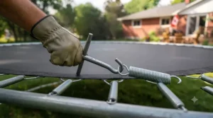 Using a T-hook puller tool to safely install heavy-duty steel parts during a replacement trampoline mat and springs setup.