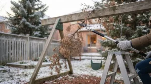 Inspecting rubber mulch or mats under a swing set for safe winter footing.