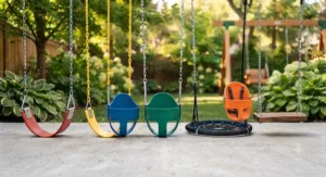 Diagram illustrating different styles of swing set replacement seats available for purchase in Canada, including belt and bucket seats.