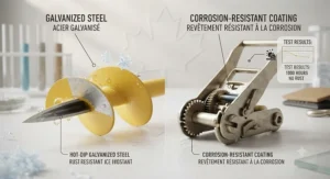 A two-part scientific illustration titled "Galvanized Steel / Acier galvanisé" and "Corrosion-Resistant Coating / Revêtement résistant à la corrosion," displaying a cross-section of a yellow spiral anchor stake on the left showing its galvanized structure and ice resistance, and a deconstructed metal ratchet mechanism on the right highlighting its protective coating and salt-spray test results.