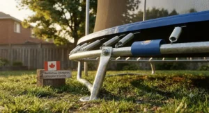 Illustration showing rust-resistant galvanized steel frames and UV-protected jumping mats built to handle changing Canadian weather conditions.