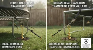 A two-panel, bilingual illustration titled "Round Trampoline / Trampoline rond" and "Rectangular Trampoline / Trampoline rectangulaire," demonstrating the universal compatibility of the yellow spiral anchor kit by showing it securely fastened to the leg of a round trampoline (left) and the frame corner of a rectangular trampoline (right), set in the same backyard.