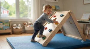 A toddler exploring a low-angle adjustable freestanding climbing wall for kids designed for early motor skill development.