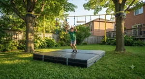 Customizable obstacle spacing along a backyard ninja warrior obstacle course kit for different age groups.