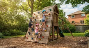 Children safely climbing a backyard rock wall equipped with colorful hand grips
