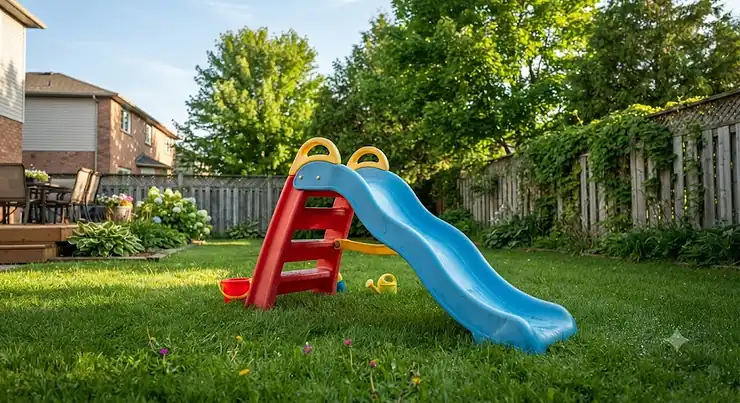 A cheerful backyard slide for toddlers set up on a green lawn in a Canadian backyard.
