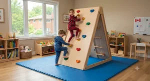 An active Canadian playroom featuring a colourful freestanding climbing wall for kids surrounded by soft gym mats.