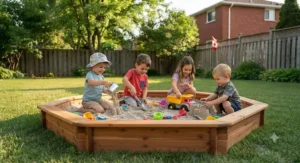 Children enjoying outdoor playtime together in a large wooden sandbox in Canada.