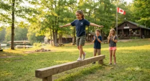 Campers walking across a balance beam for kids outdoor play during a summer camp activity outdoors.