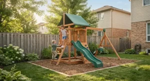 Compact wooden climbing frame with slide designed to fit small residential yards across Canadian suburbs.