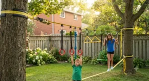 All components and attachments laid out for a backyard ninja warrior obstacle course kit, including carabiners and ladder.