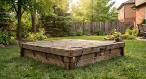 DIY backyard sandbox cover solution effectively shielding children's play sand from neighborhood animals.