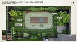Overhead layout diagram showing safety zone dimensions for a small backyard jungle gym installation.